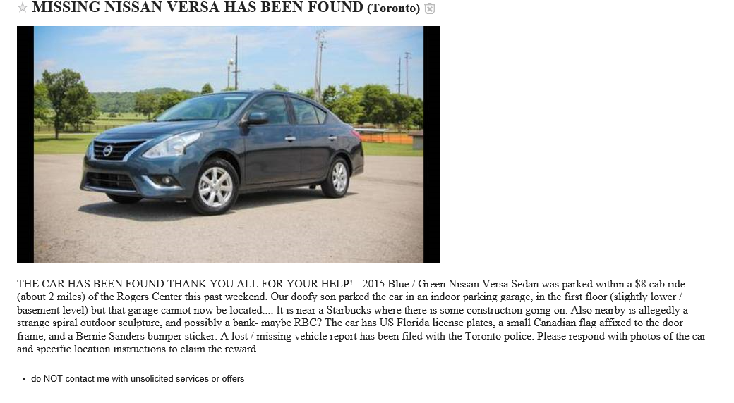 A screenshot of the Craigslist advertisement posted during the hunt for Gavin Strickland's lost Nissan Versa.