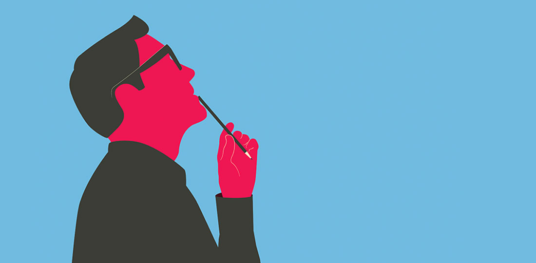 A man holding a pen to his mouth as he contemplates common myths about parking management. Illustration.