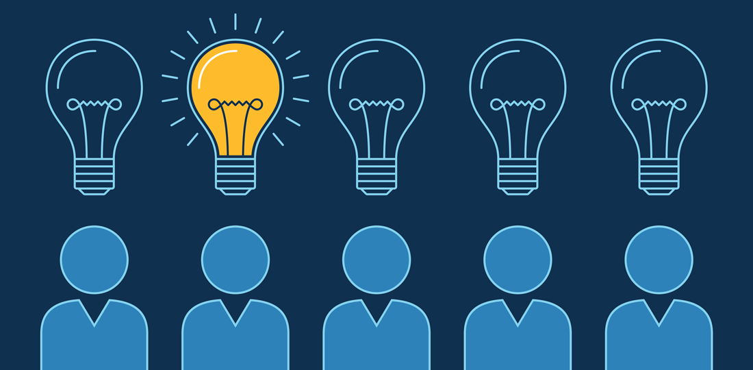 A lightbulb switching on above a member of a group. Illustration.