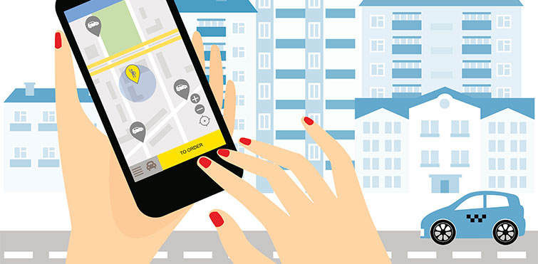 A woman navigating a ridehailing app on her smartphone. Illustration.
