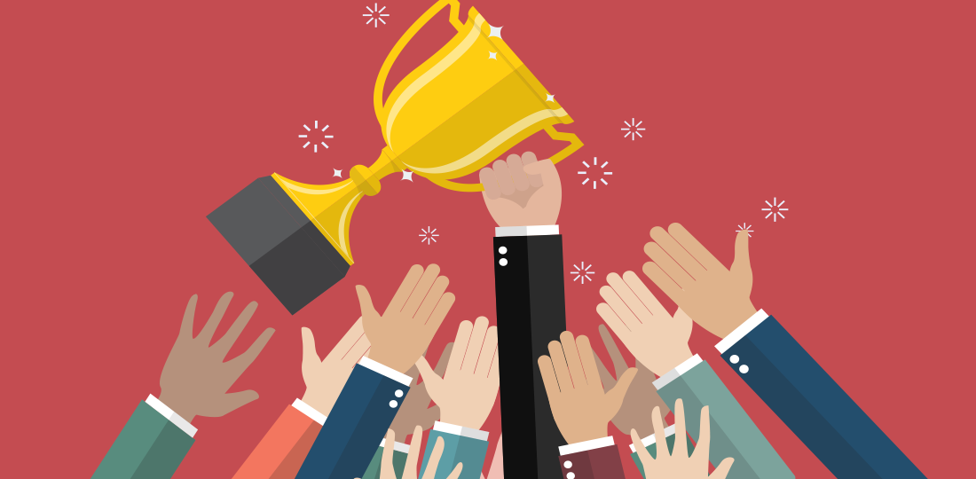 A group of businessmen attempting to grab a trophy. Illustration.