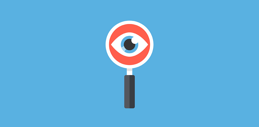 An eye looking through a magnifying glass. Illustration.