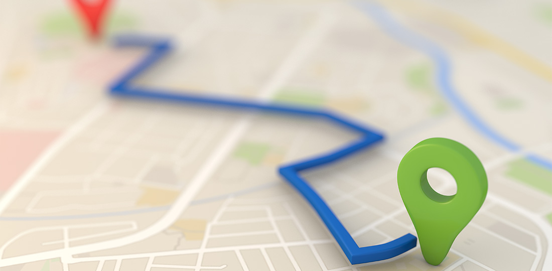 A route planned on a digital map. 3D illustration.